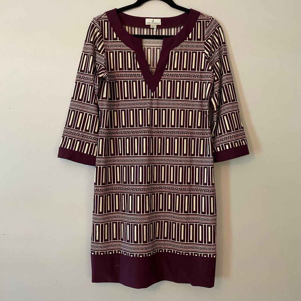Jude Connally Purple White Geometric 3/4 Sleeve Preppy Shift Dress size Medium